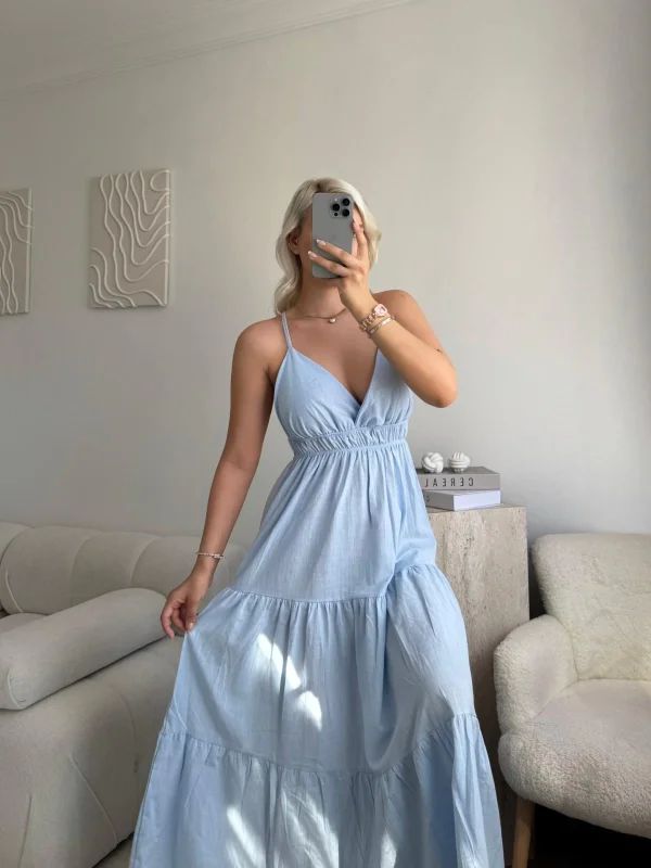 Askılı Sırt Çapraz Salaş Elbise - MAVİ