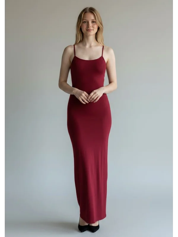 Askılı Viskon Maxi Elbise - BORDO