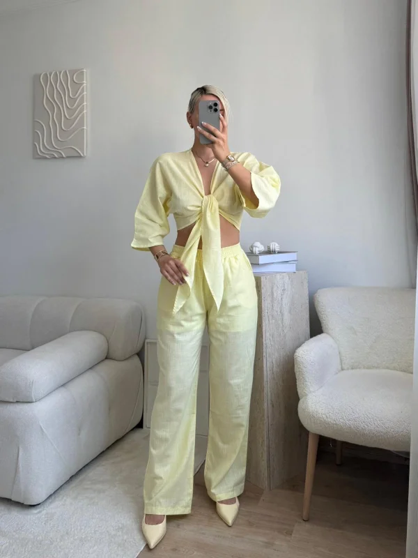 Bağlamalı Crop & Pantolon Takım - SARI