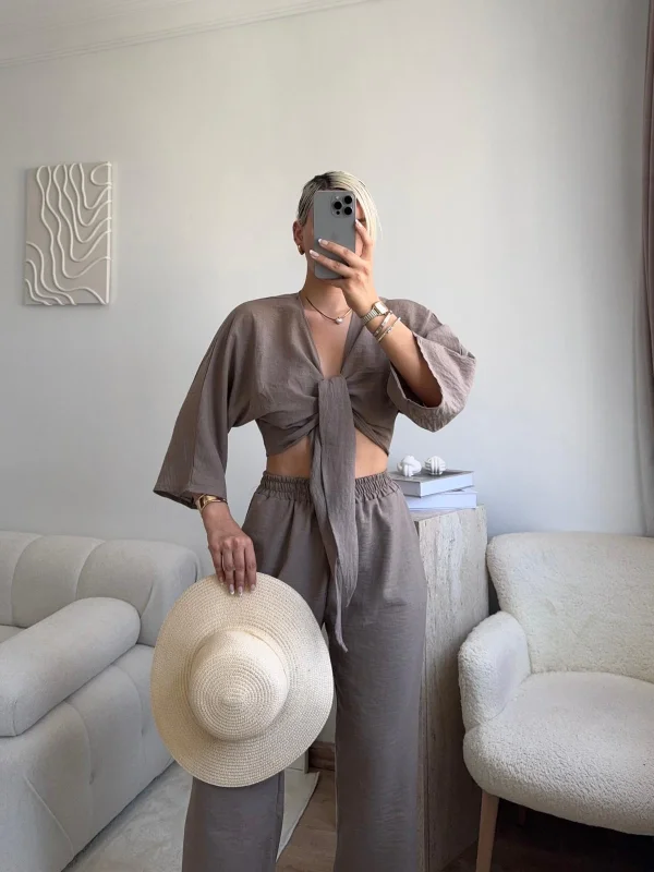 Bağlamalı Crop & Pantolon Takım - VİZON