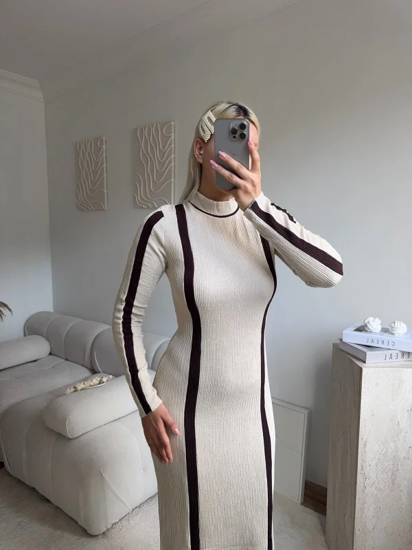 Balıkçı Yaka Garnili Elbise - BEJ