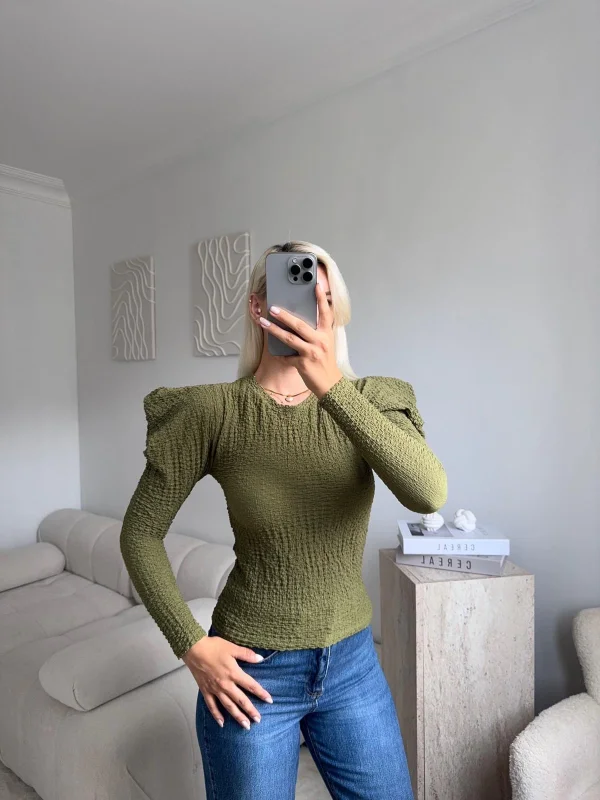 Balon Omuz Gofre Crop