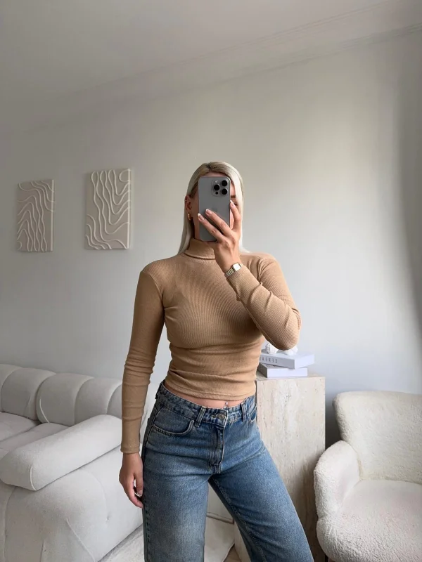 Basic Balıkçı Yaka Fit Bluz - VİZON