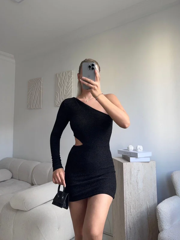 Bel Dekolte Tek Kol Simli Elbise - SİYAH