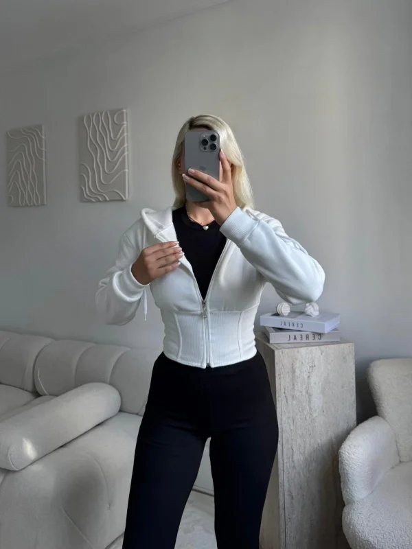 Bel Korse Kapşonlu Hırka - BEYAZ