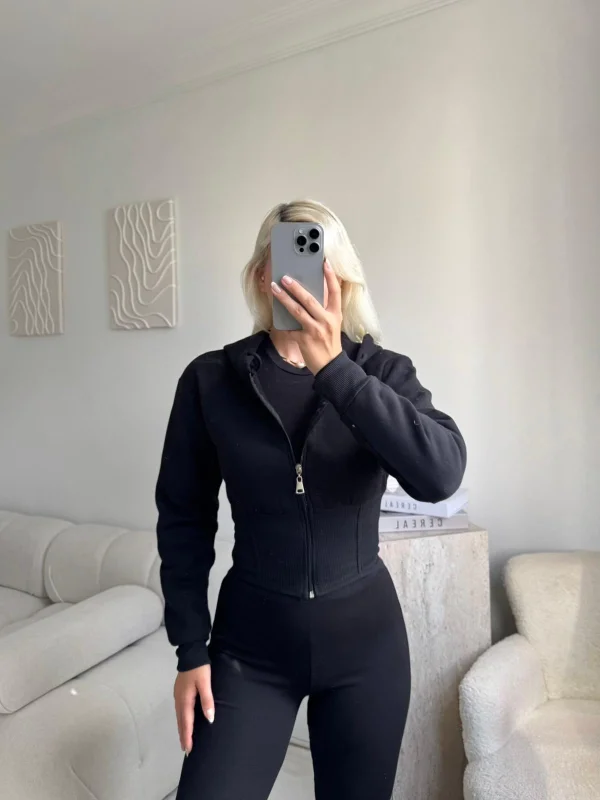 Bel Korse Kapşonlu Hırka - SİYAH