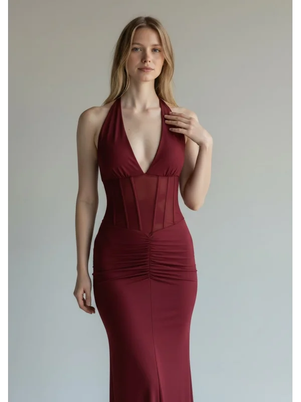 Bel Korse Maxi Elbise - BORDO
