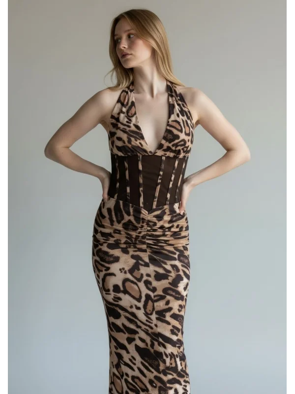 Bel Korse Maxi Elbise - LEOPAR