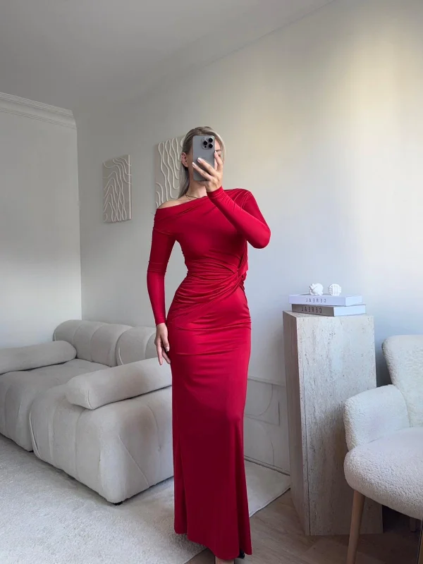 Bel Kruvaze Kayık Yaka Elbise - KIRMIZI
