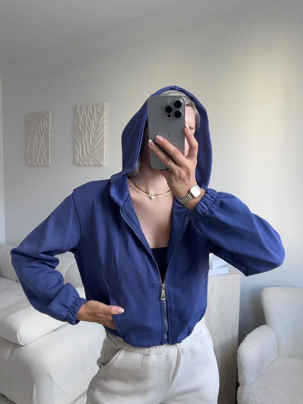 Bel Lastik Crop Hırka - İNDİGO