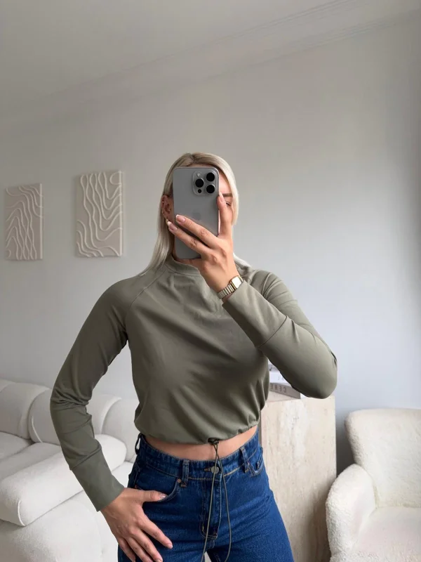 Bel Lastik Crop Sweat - HAKİ