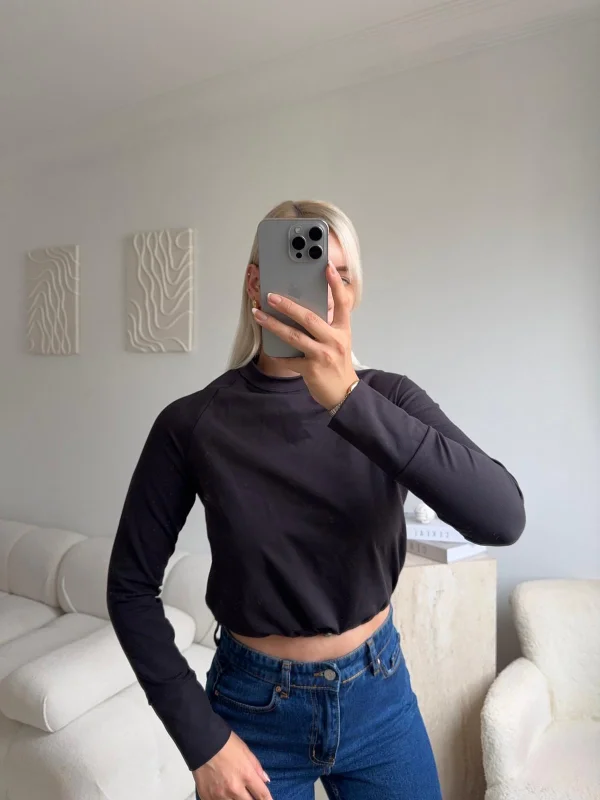 Bel Lastik Crop Sweat - SİYAH