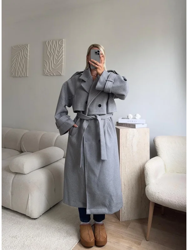 Beli Kuşaklı Kaşe Kaban - GRİ