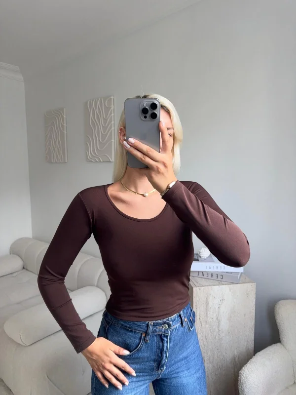 Bisiklet Yaka Crop - KAHVE