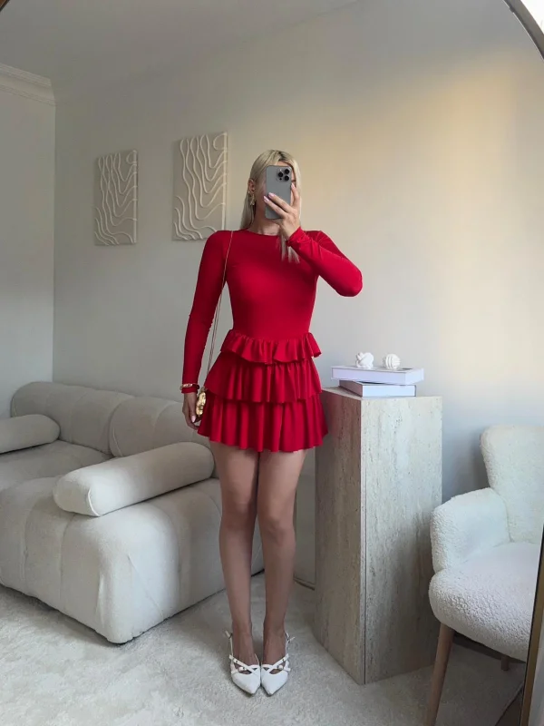 Bisiklet Yaka Fırfırlı Elbise - KIRMIZI