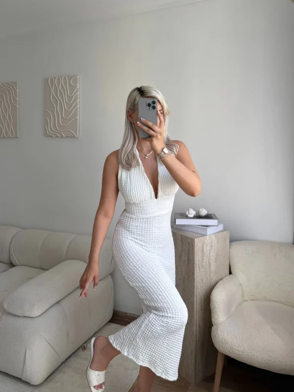 Boyun Bağlamalı Gofre Elbise - BEYAZ