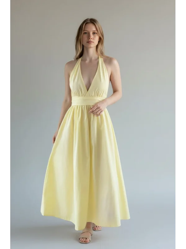 Boyun Bağlamalı Poplin Elbise - SARI
