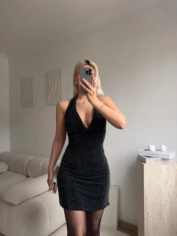 Boyun Bağlamalı Simli Elbise - GÜMÜŞ