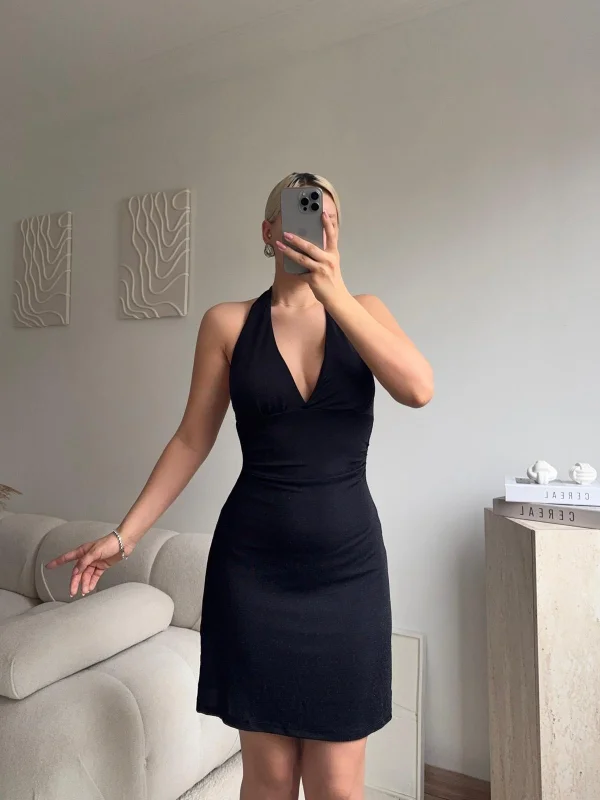 Boyun Bağlamalı Simli Elbise - SİYAH