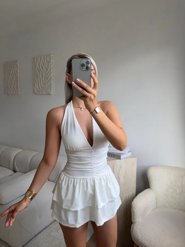 Boyun Bağlamalı Şortlu Elbise - BEYAZ