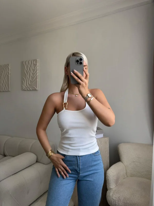 Boyun Geçmeli Aksesuar Crop - BEYAZ