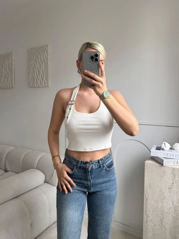 Boyun Kemerli Crop - BEYAZ