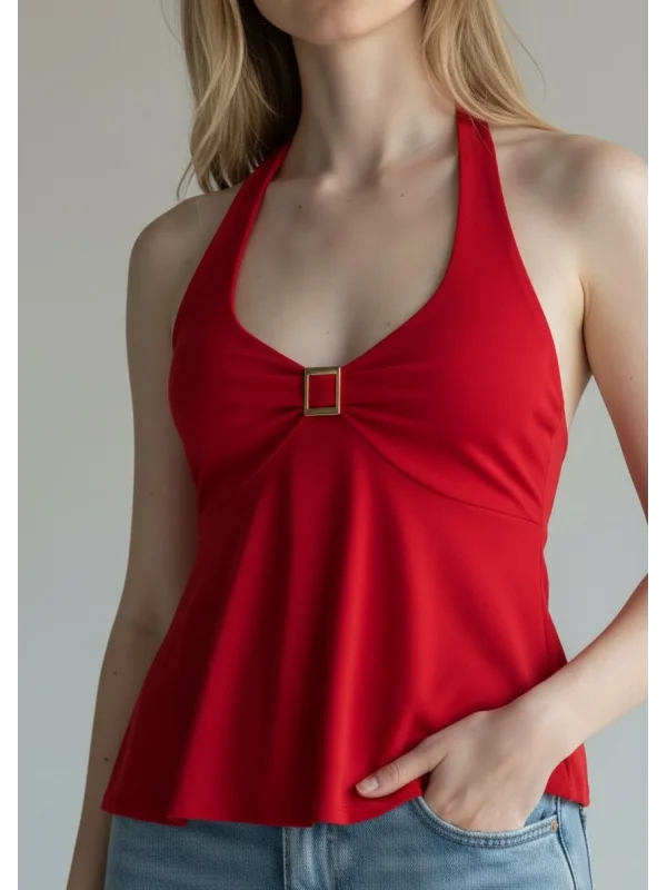 Boyundan Geçmeli Aksesuar Crop - KIRMIZI