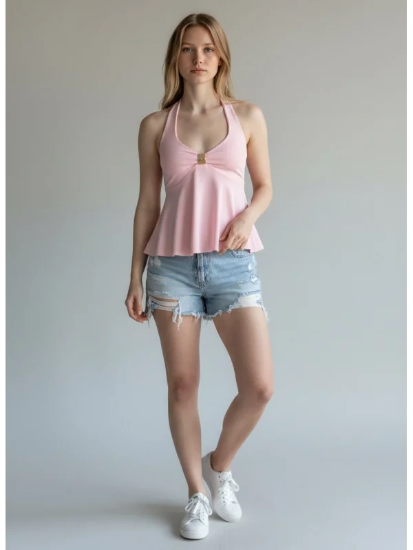 Boyundan Geçmeli Aksesuar Crop - PEMBE