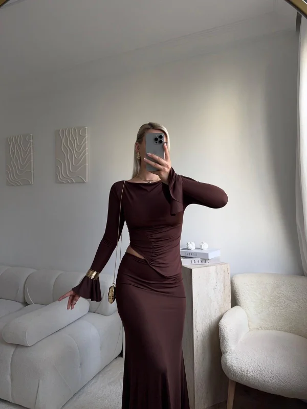 Büzgü Detay Fırfırlı İkili Takım - KAHVE