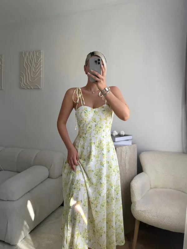Çiçek Desen Omuz Bağlamalı Elbise