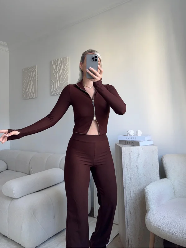 Çift Fermuar Crop & Pantolon Takım - KAHVE