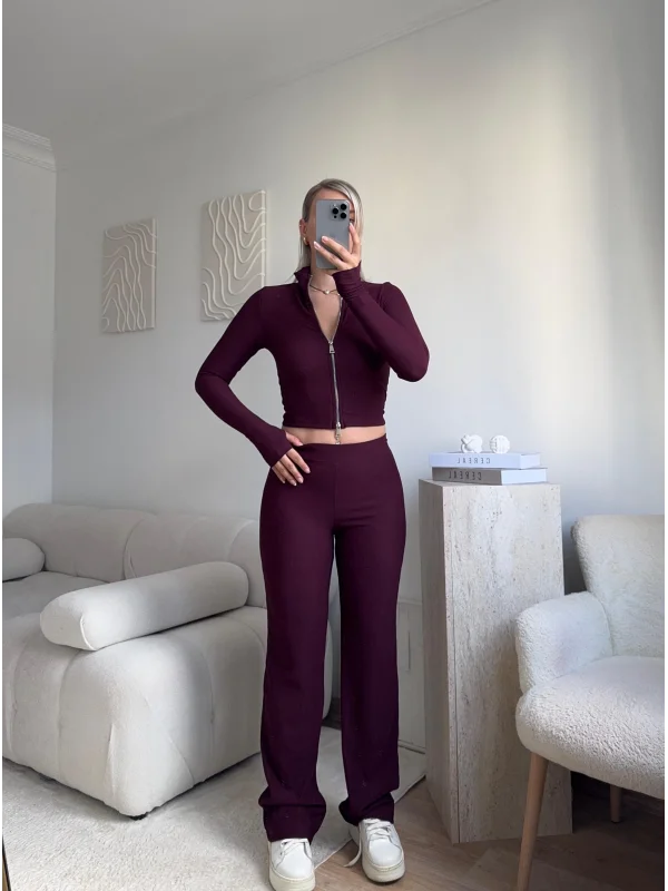 Çift Fermuar Crop & Pantolon Takım - MOR