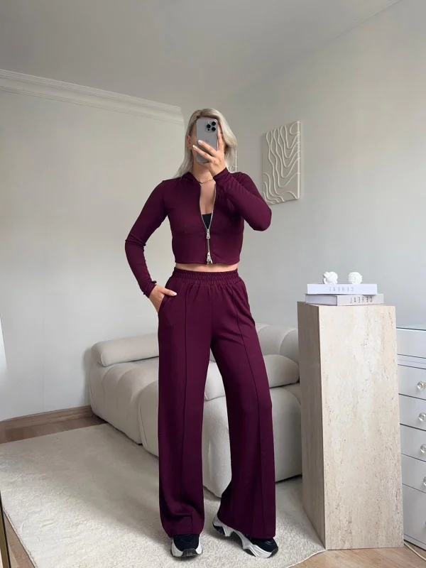 Modal Fermuar Crop & Pantolon Takım - BORDO