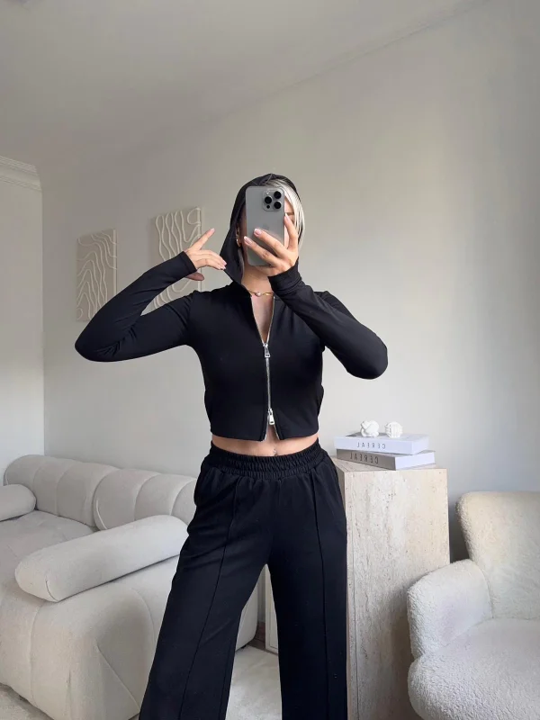 Modal Fermuar Crop & Pantolon Takım - SİYAH