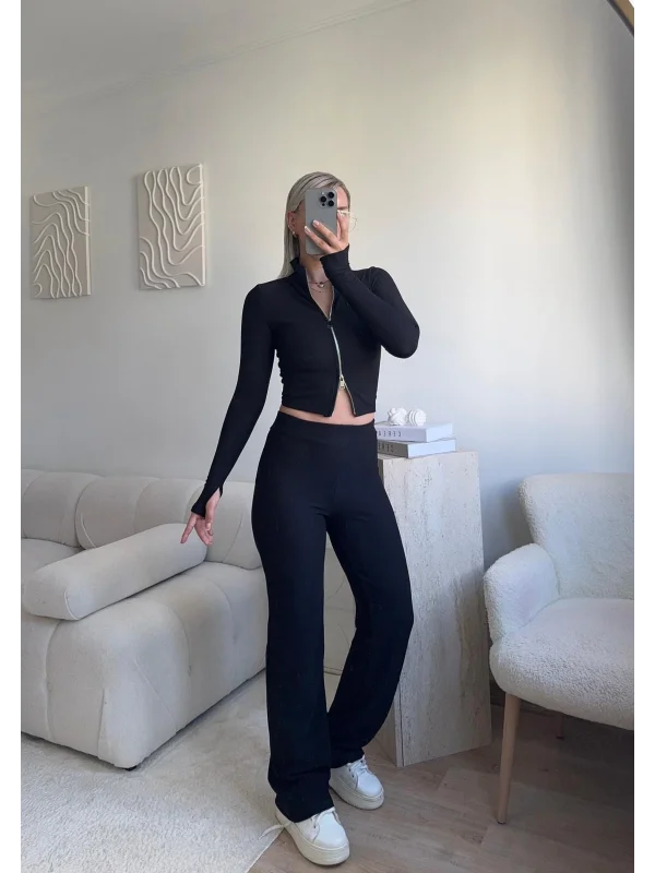 Çift Fermuar Crop & Pantolon Takım - SİYAH