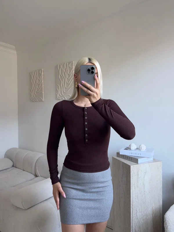 Çıtçıtlı Fitilli Bluz - KAHVE