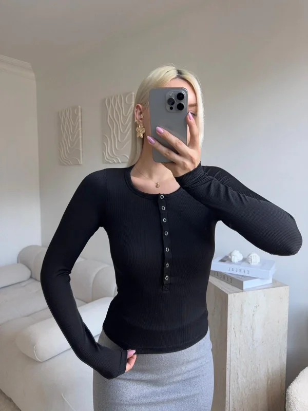 Çıtçıtlı Fitilli Bluz - SİYAH