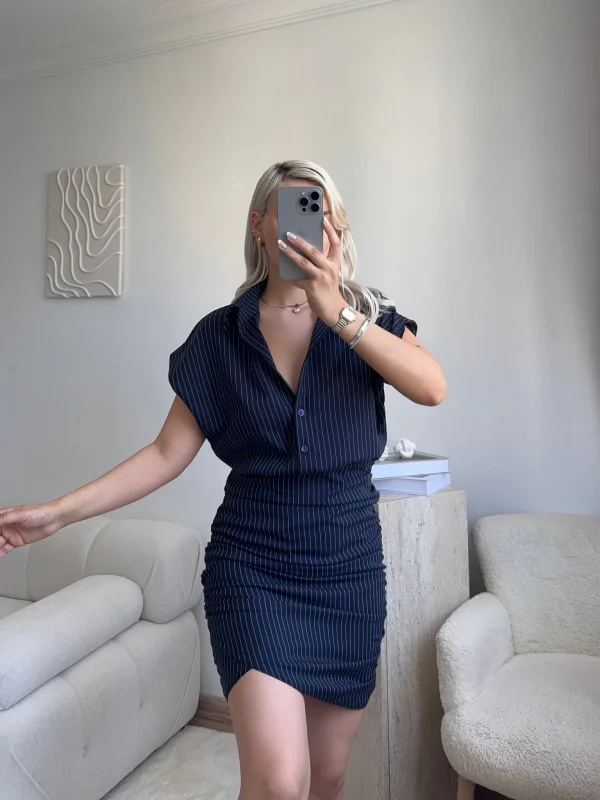 Çizgili Gömlek Yaka Elbise - LACİVERT