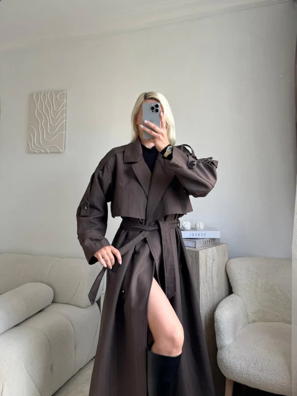 Çizgili Premium Oversize Trençkot - KAHVE