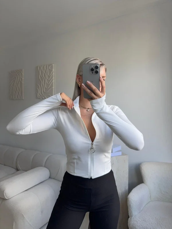 Dalgıç Fermuar Crop - BEYAZ