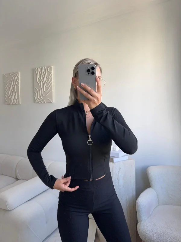 Dalgıç Fermuar Crop - SİYAH