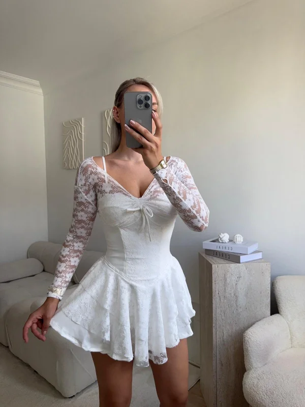 Dantel Kol Ön Büzgülü Elbise - BEYAZ