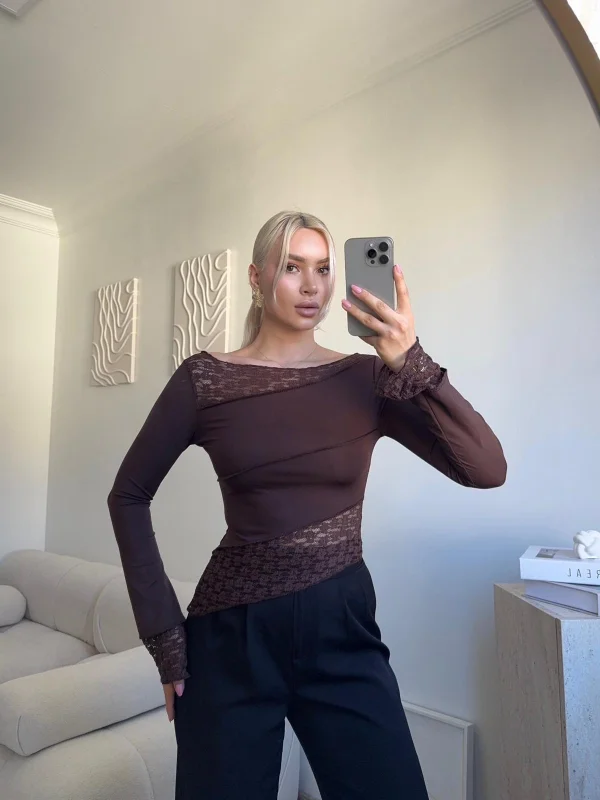 Dantel Şeritli Asimetrik Bluz - KAHVE