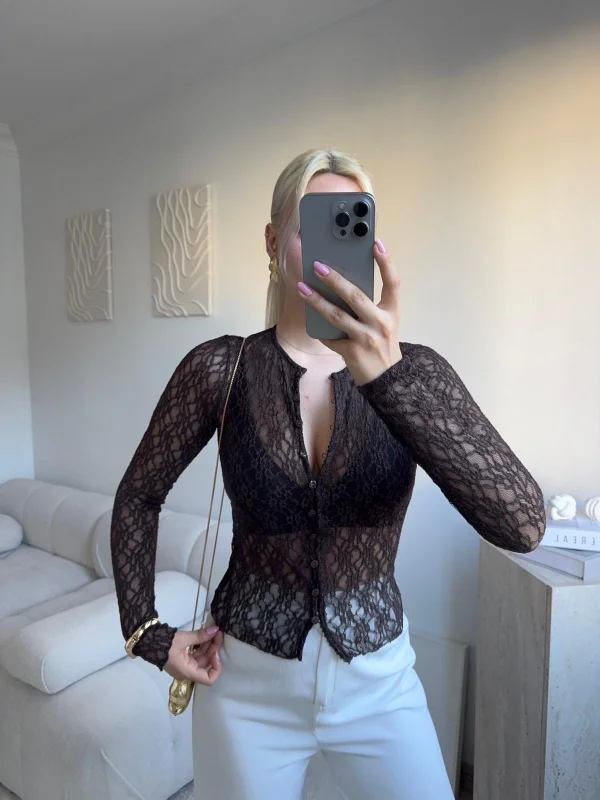 Dantel Uzun Kollu Düğmeli Bluz - KAHVE