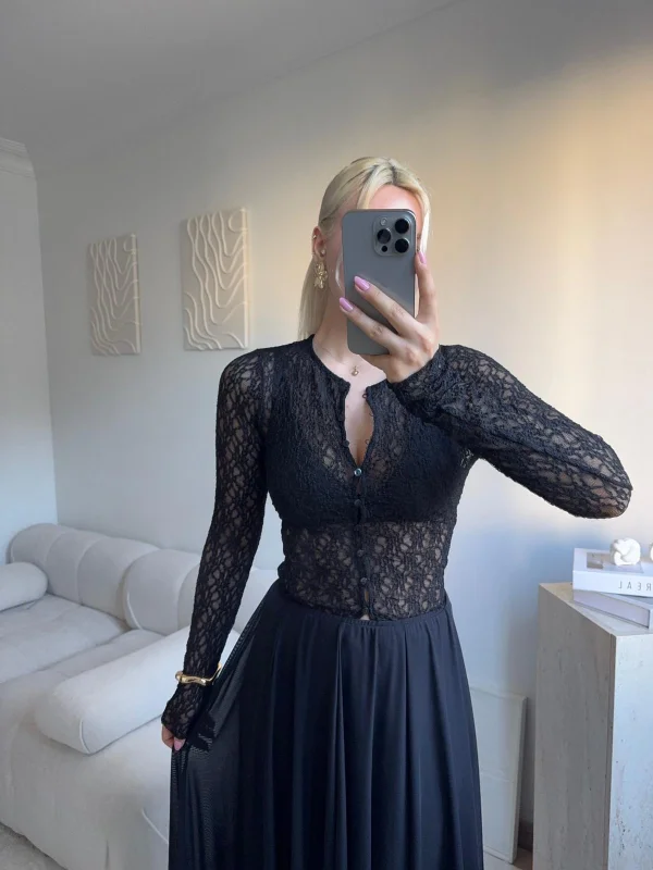 Dantel Uzun Kollu Düğmeli Bluz - SİYAH