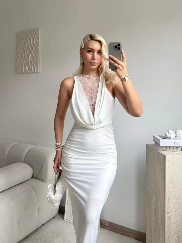 Degaje Yaka Dantel Detay Elbise - BEYAZ