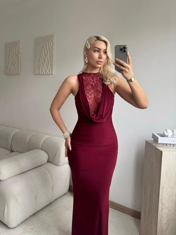 Degaje Yaka Dantel Detay Elbise - BORDO