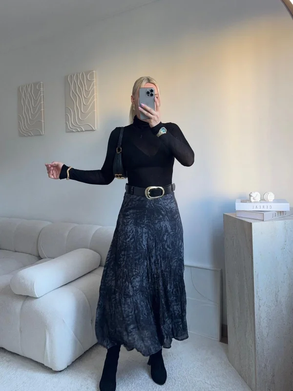 Desenli Şifon Midi Etek - FÜME