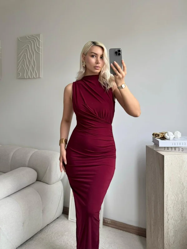 Dik Yaka Drapeli Elbise - BORDO