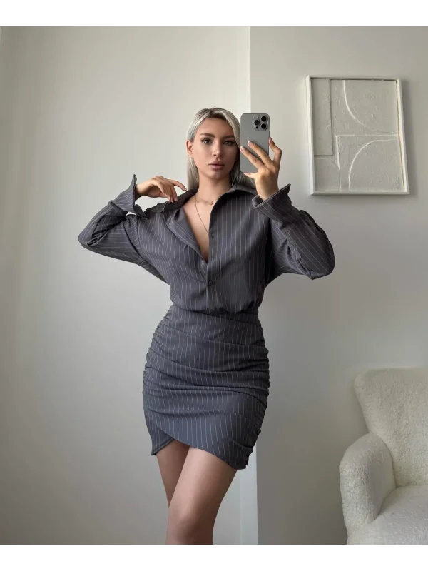 Çizgili Double Gömlek Elbise - GRİ